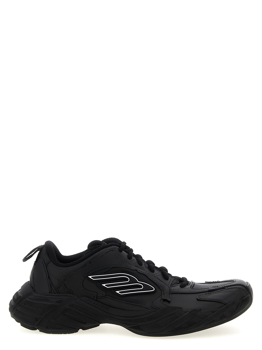 Sneakers athlétiques noires en cuir de veau de Balenciaga, vue de face, avec semelle blanche et design moderne.