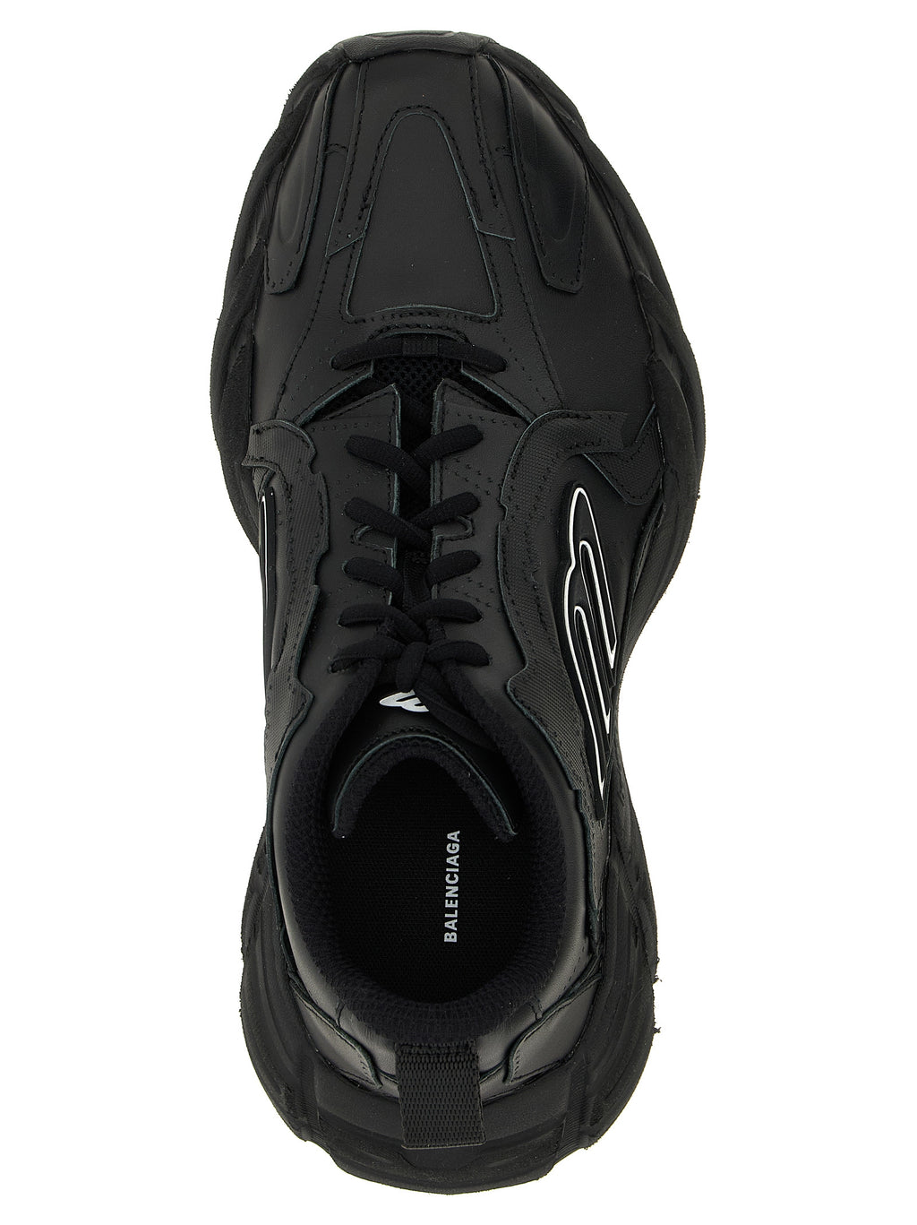 Chaussures de sport Balenciaga en cuir de veau noir, sneakers athlétiques élégants et modernes, vues de face sur fond blanc.