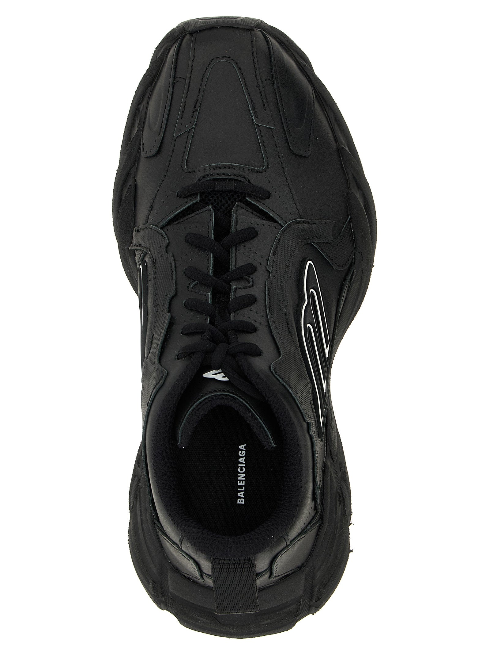 Chaussures de sport Balenciaga en cuir de veau noir, sneakers athlétiques élégants et modernes, vues de face sur fond blanc.