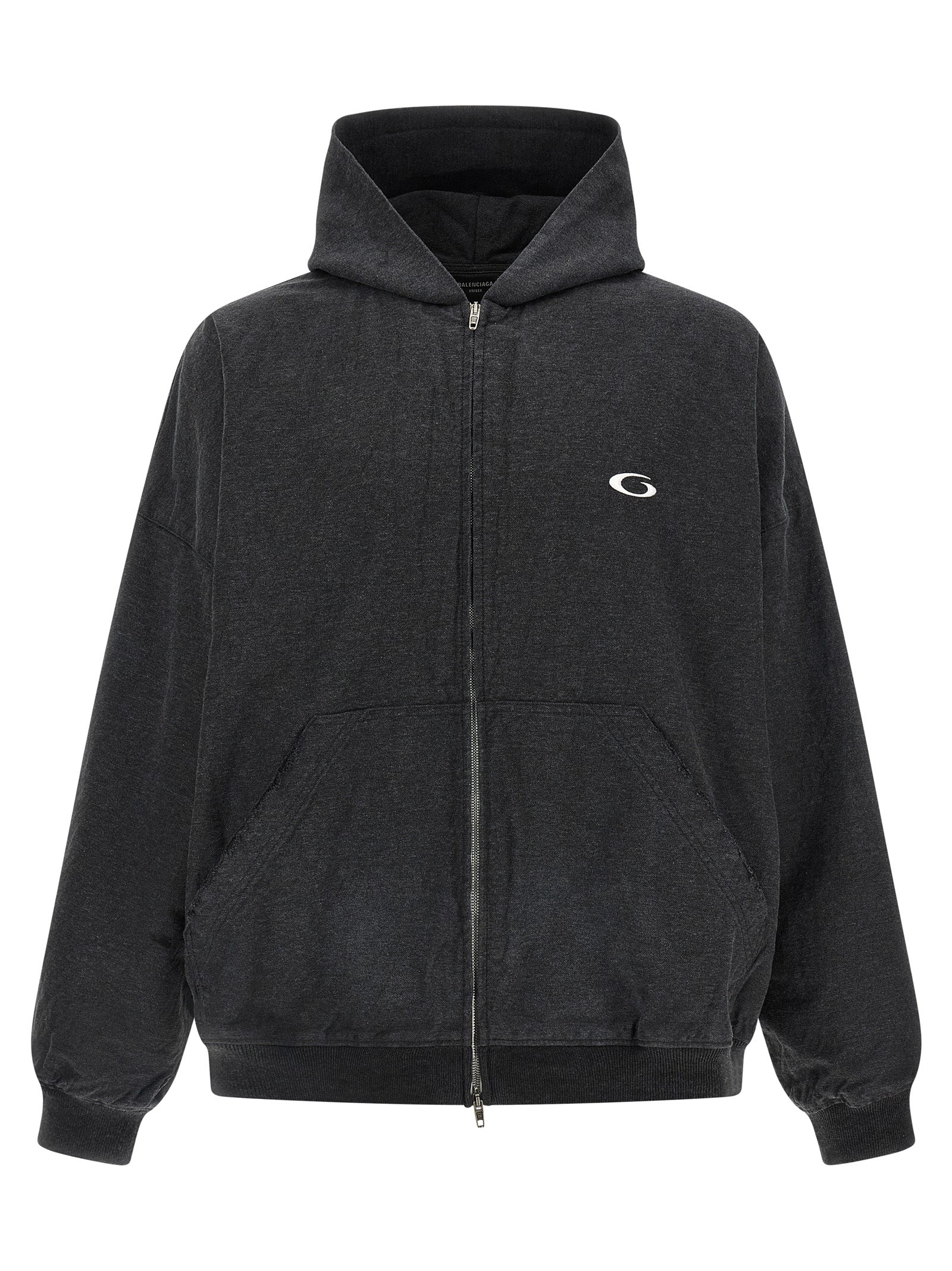 Sweatshirt gris en coton de Balenciaga, vue de face, avec logo discret, tissu doux et coupe moderne.