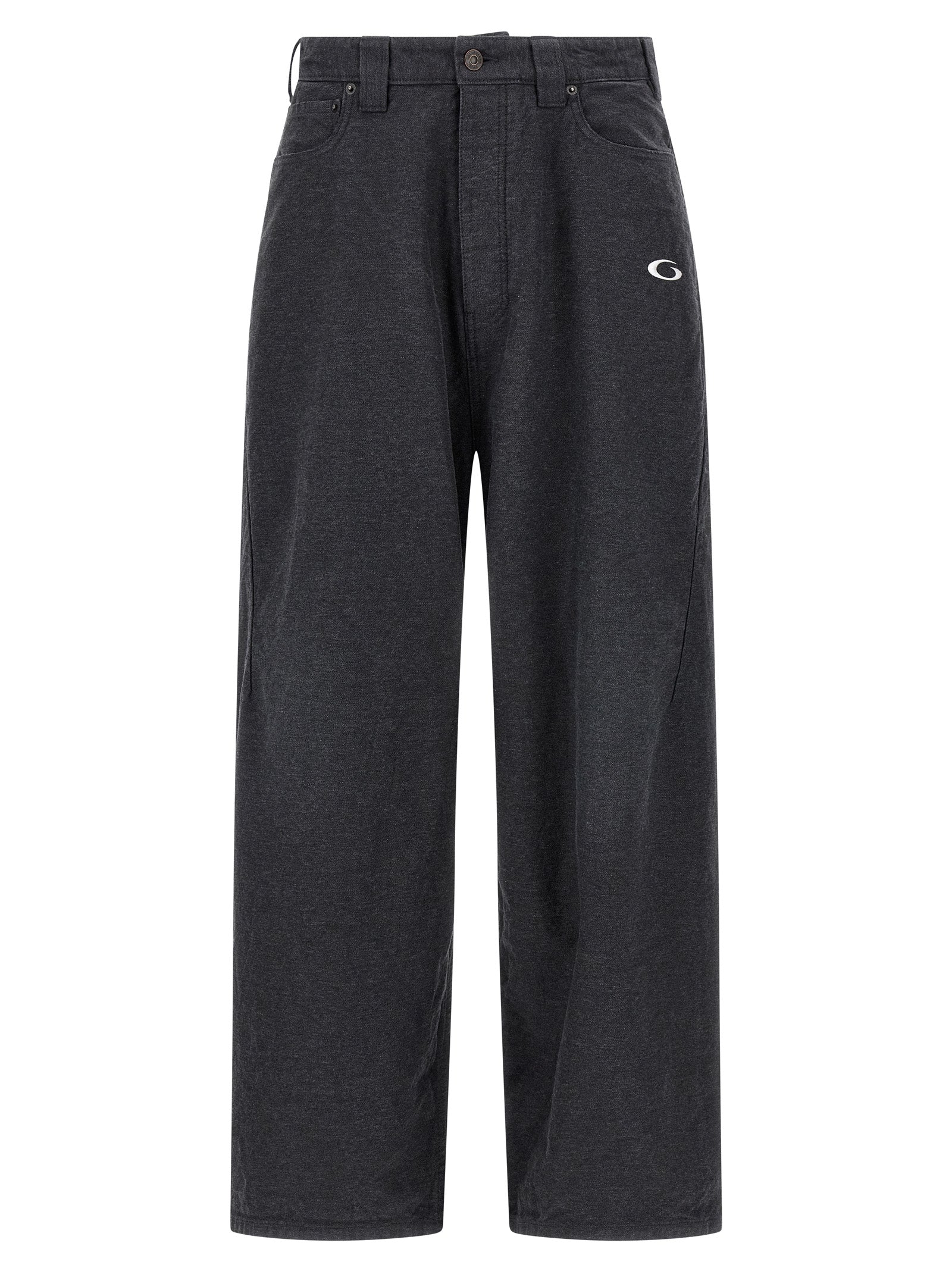 Pantalon décontracté gris en coton de la marque Balenciaga, coupe ample et détails modernes, porté sur un mannequin.