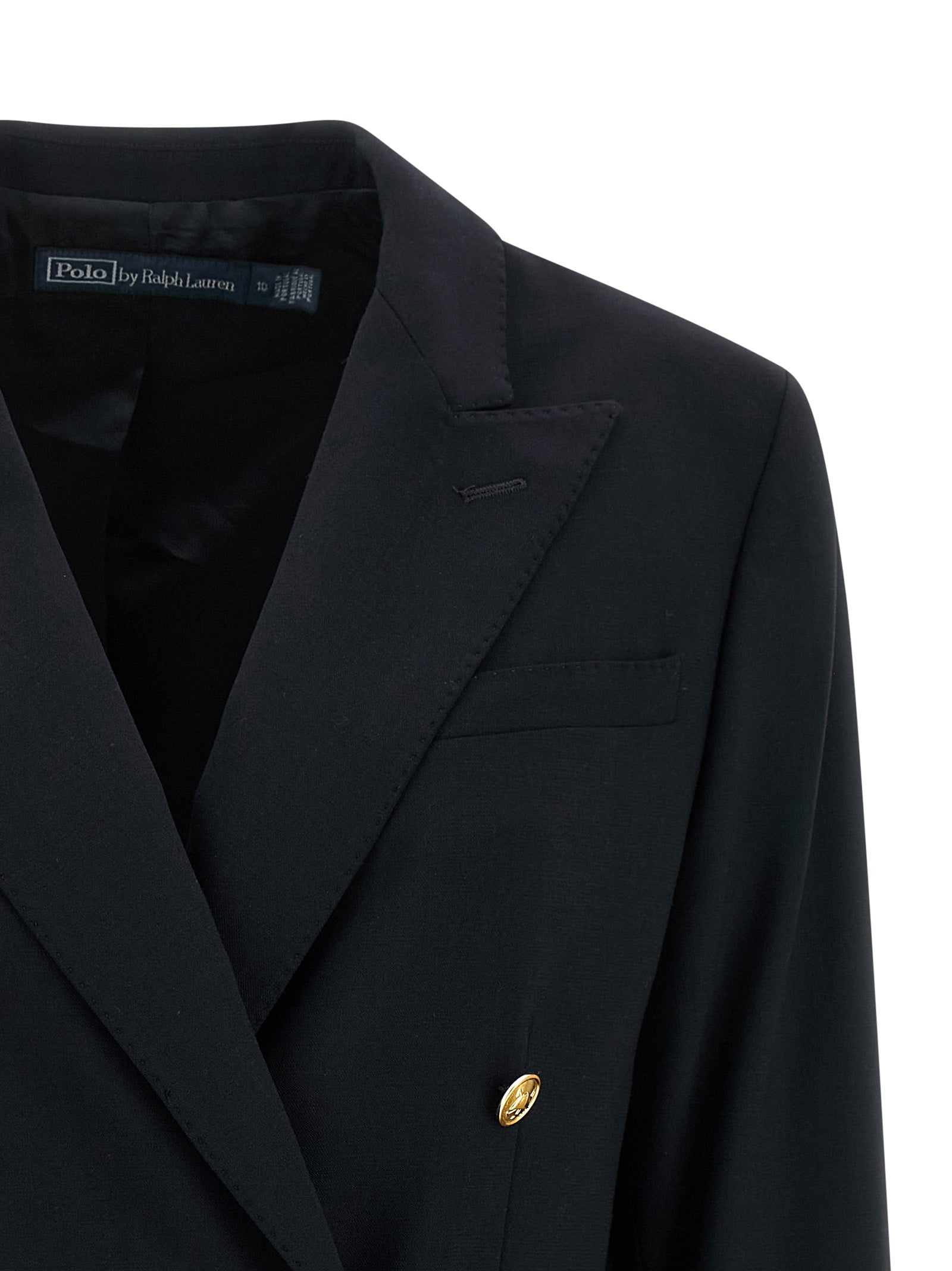 Veste blazer en laine bleue Polo Ralph Lauren, coupe classique, avec revers et boutons, sur un mannequin.