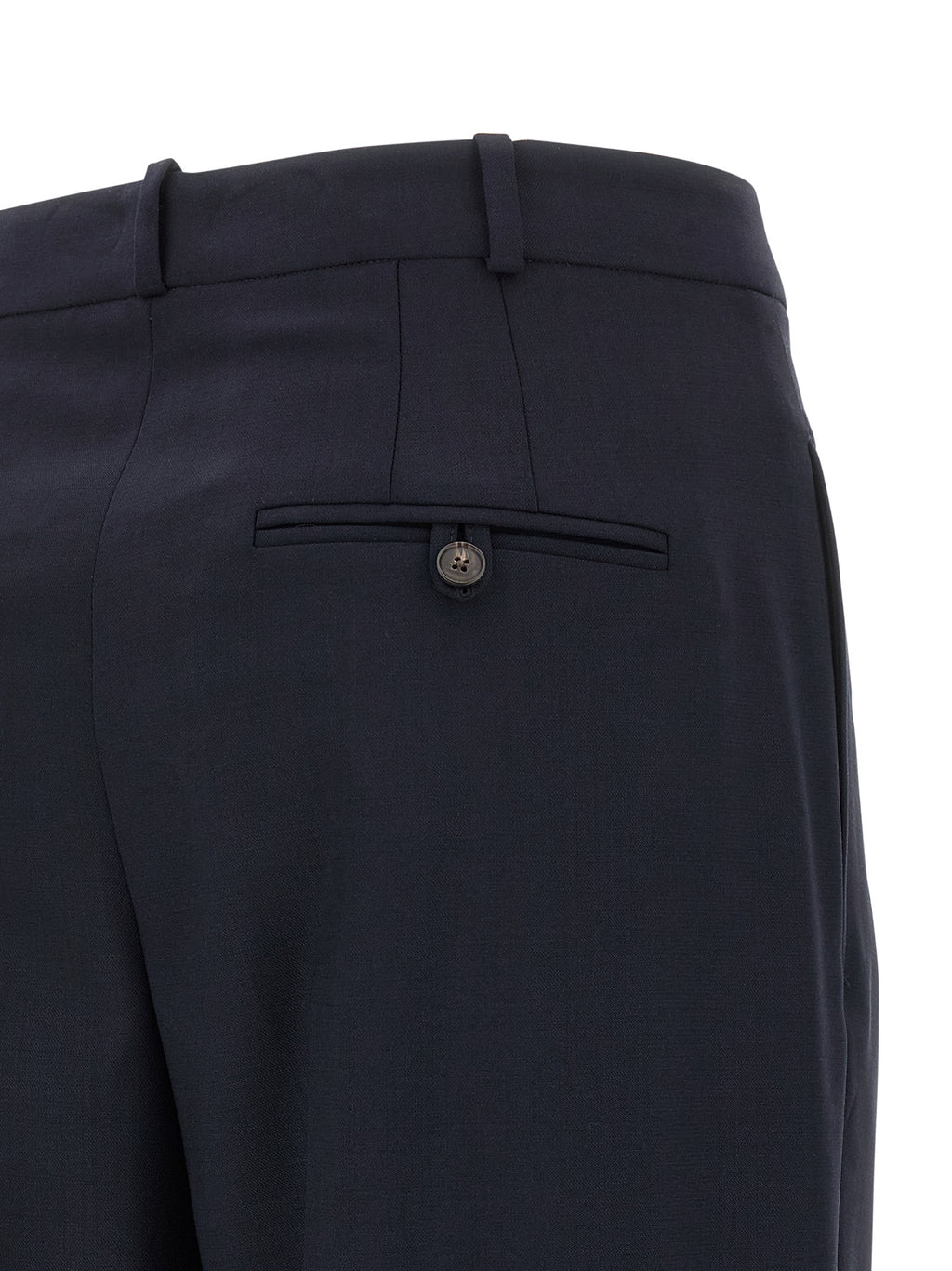 Pantalon décontracté en laine bleue de Polo Ralph Lauren, style casual, coupe classique, visible avec une ceinture et poches.