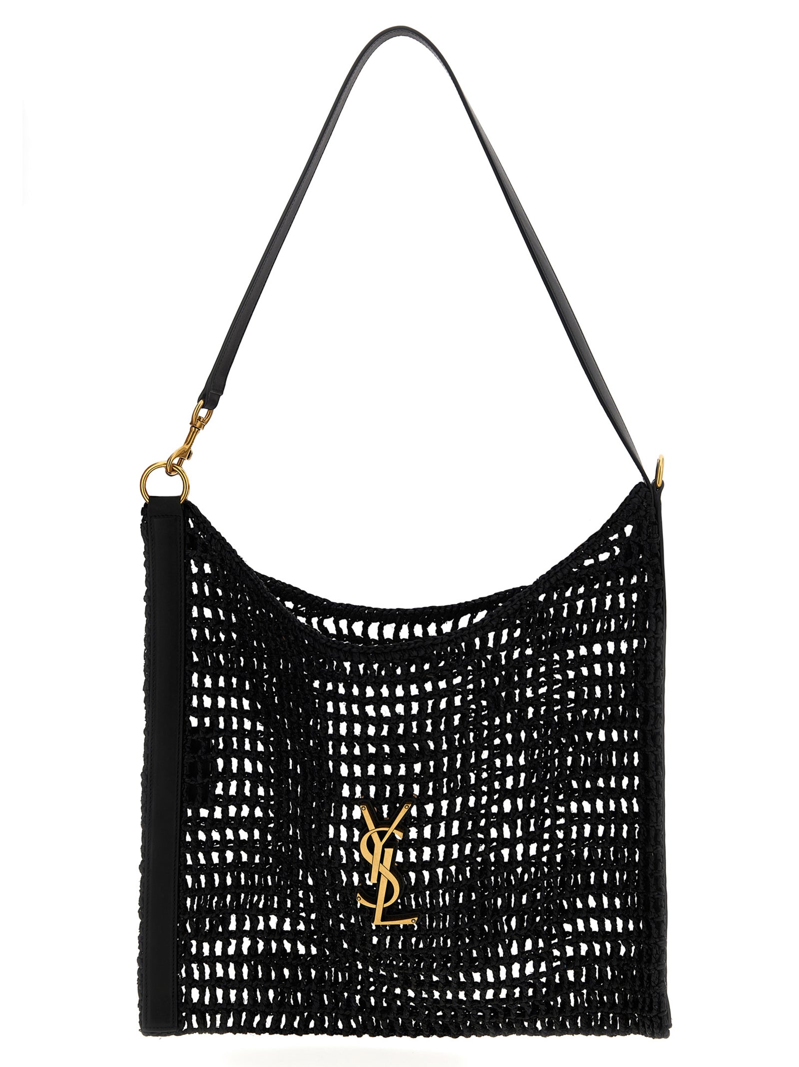 Sac à épaule noir en raffia Saint Laurent avec bandoulière, mettant en valeur la texture tissée et le design élégant.