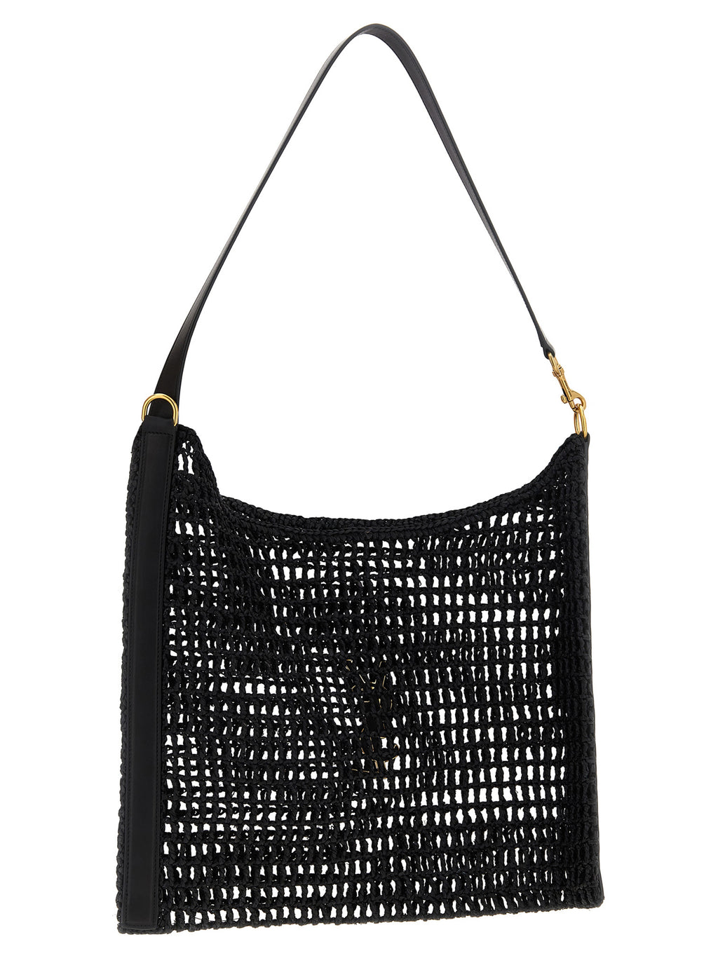 Sac à épaule noir en raffia Saint Laurent, élégant et texturé, avec bandoulière en cuir et logo discret.