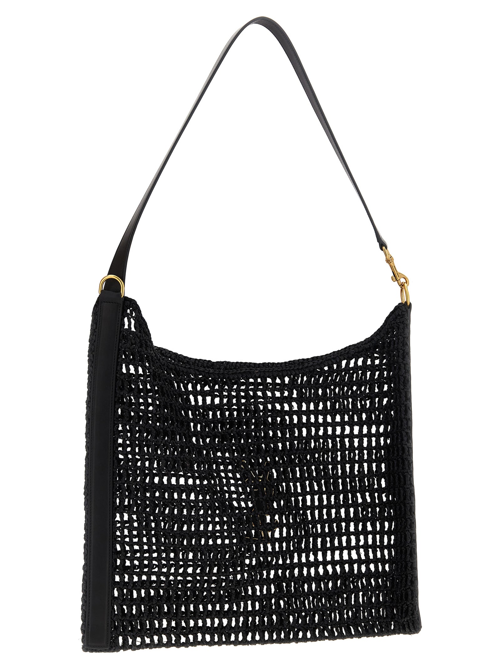 Sac à épaule noir en raffia Saint Laurent, élégant et texturé, avec bandoulière en cuir et logo discret.