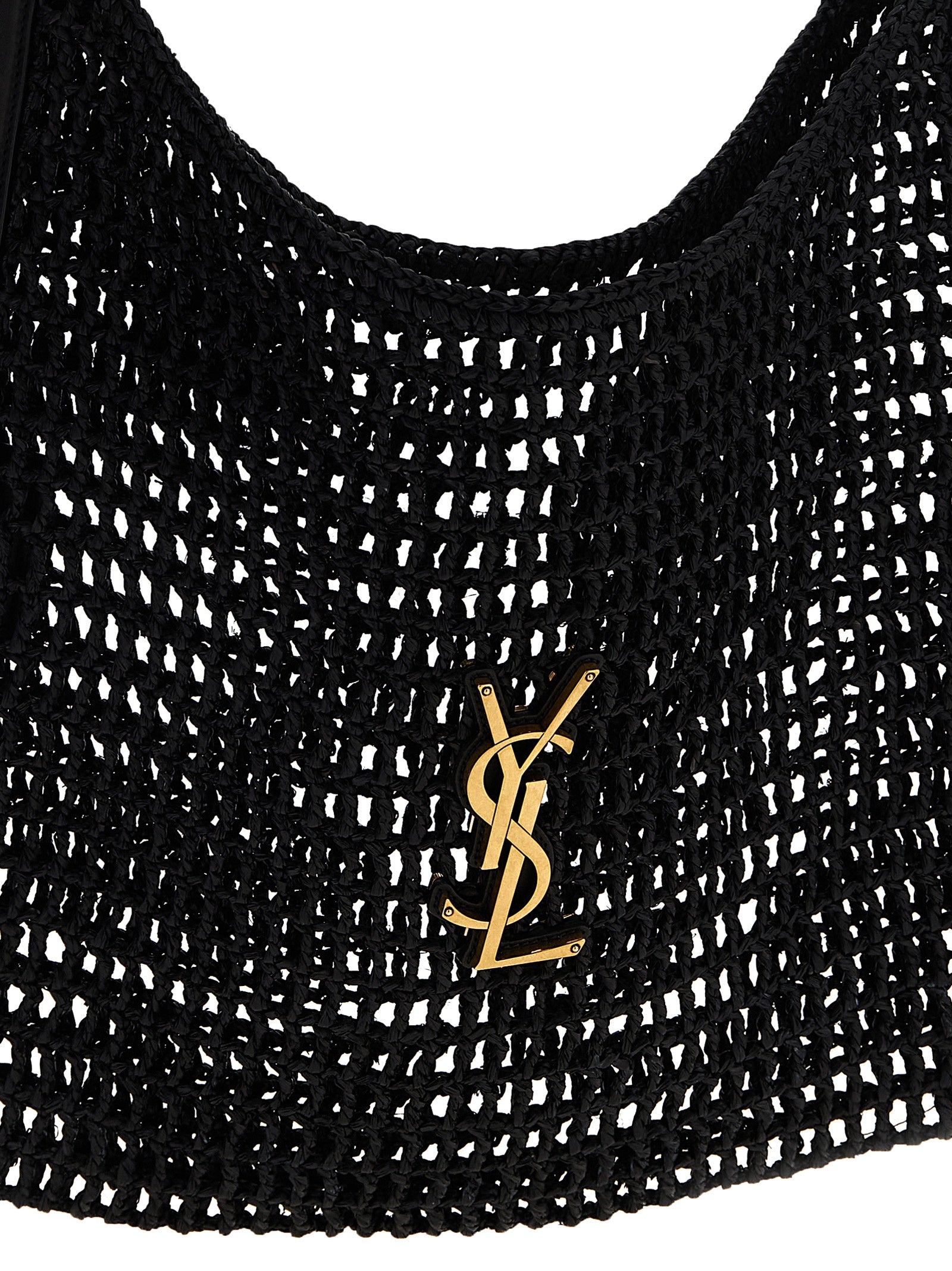 Sac à bandoulière noir en raffia de Saint Laurent, vue de face, avec détails de la texture et de la poignée en cuir.