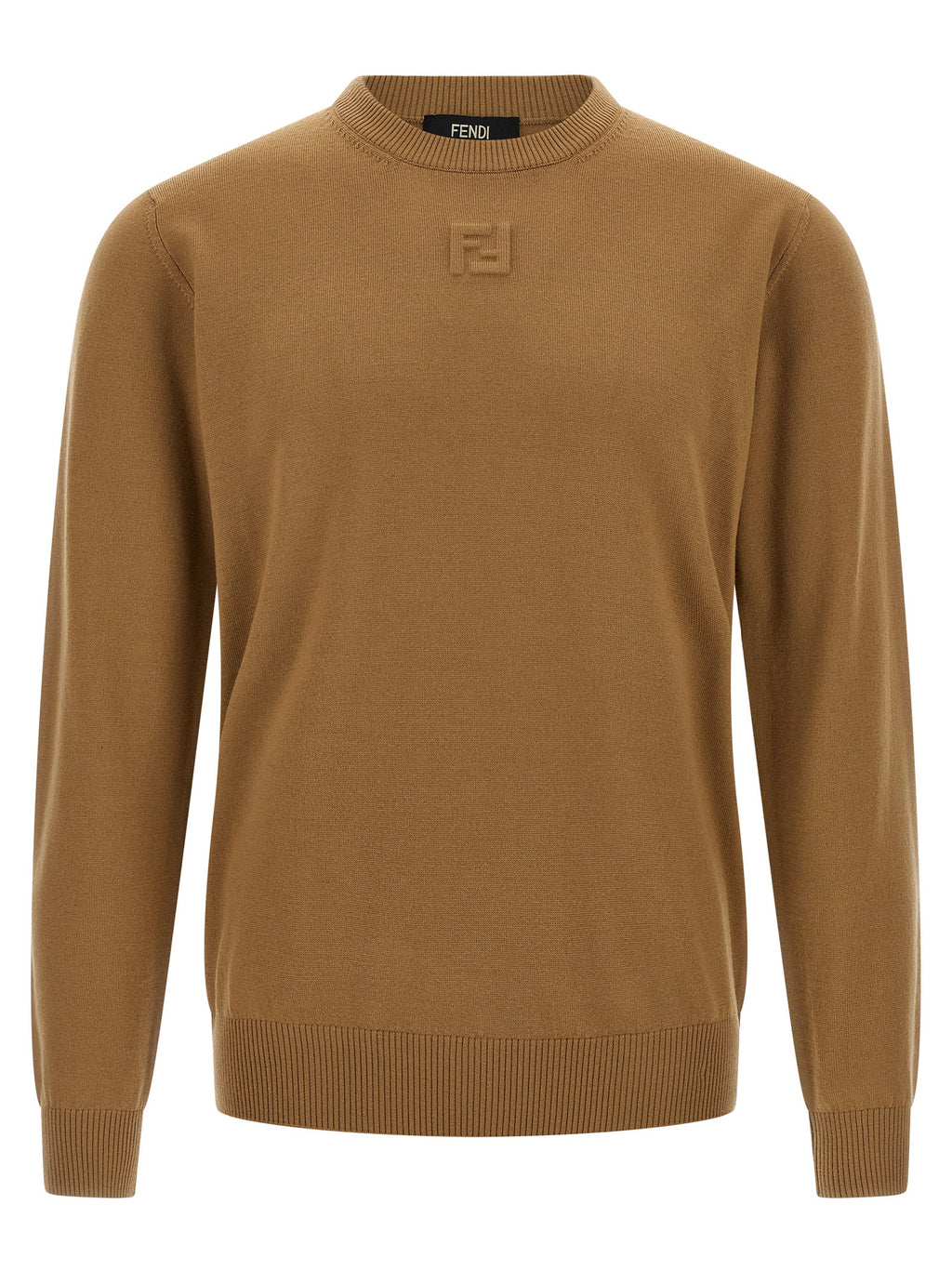 Cardigan en laine vierge beige de Fendi, style élégant avec détail de marque visible, porté sur un mannequin.