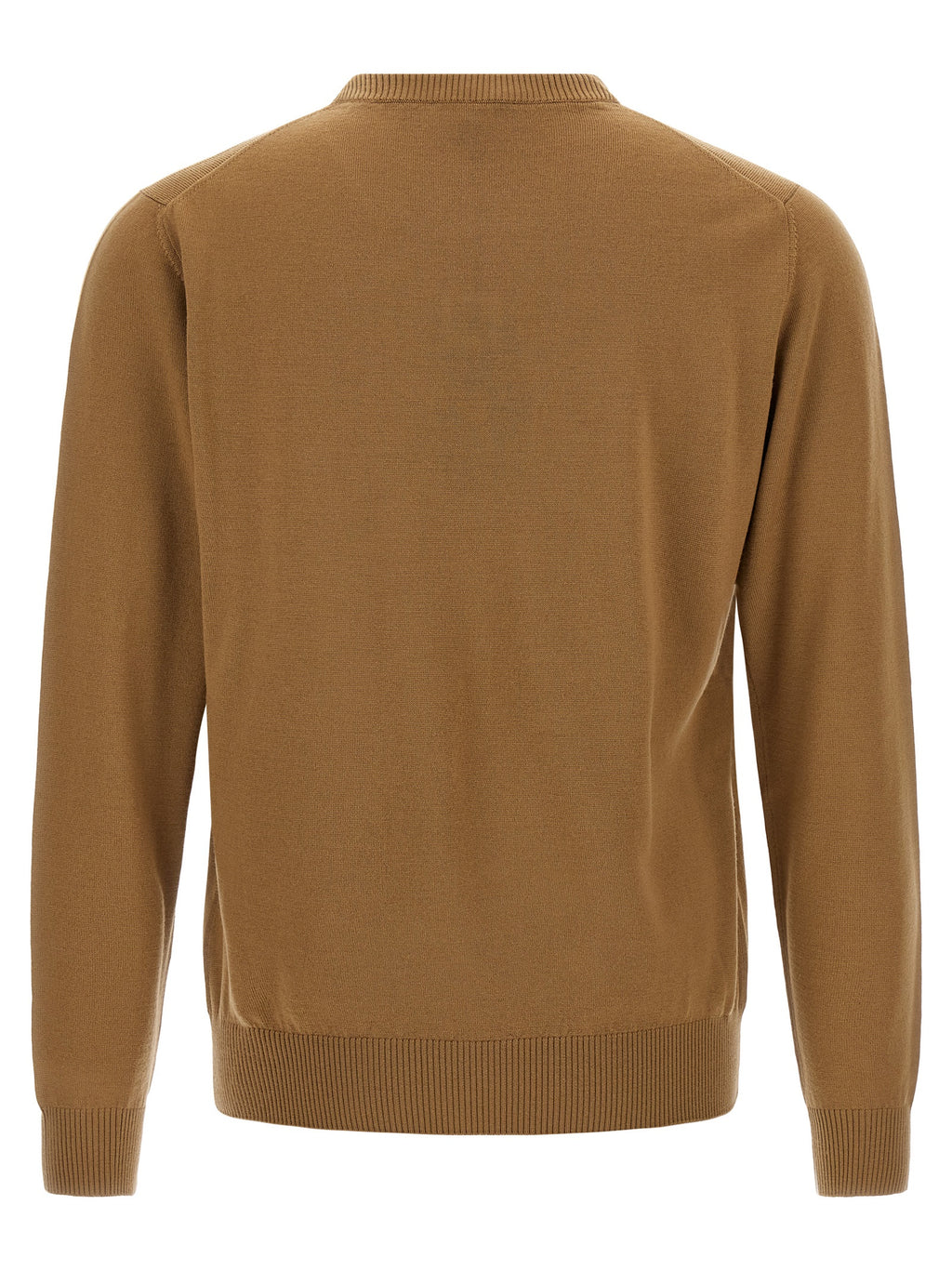 Cardigan beige en laine vierge de Fendi, style élégant avec boutons, porté dans une image montrant ses détails et texture.