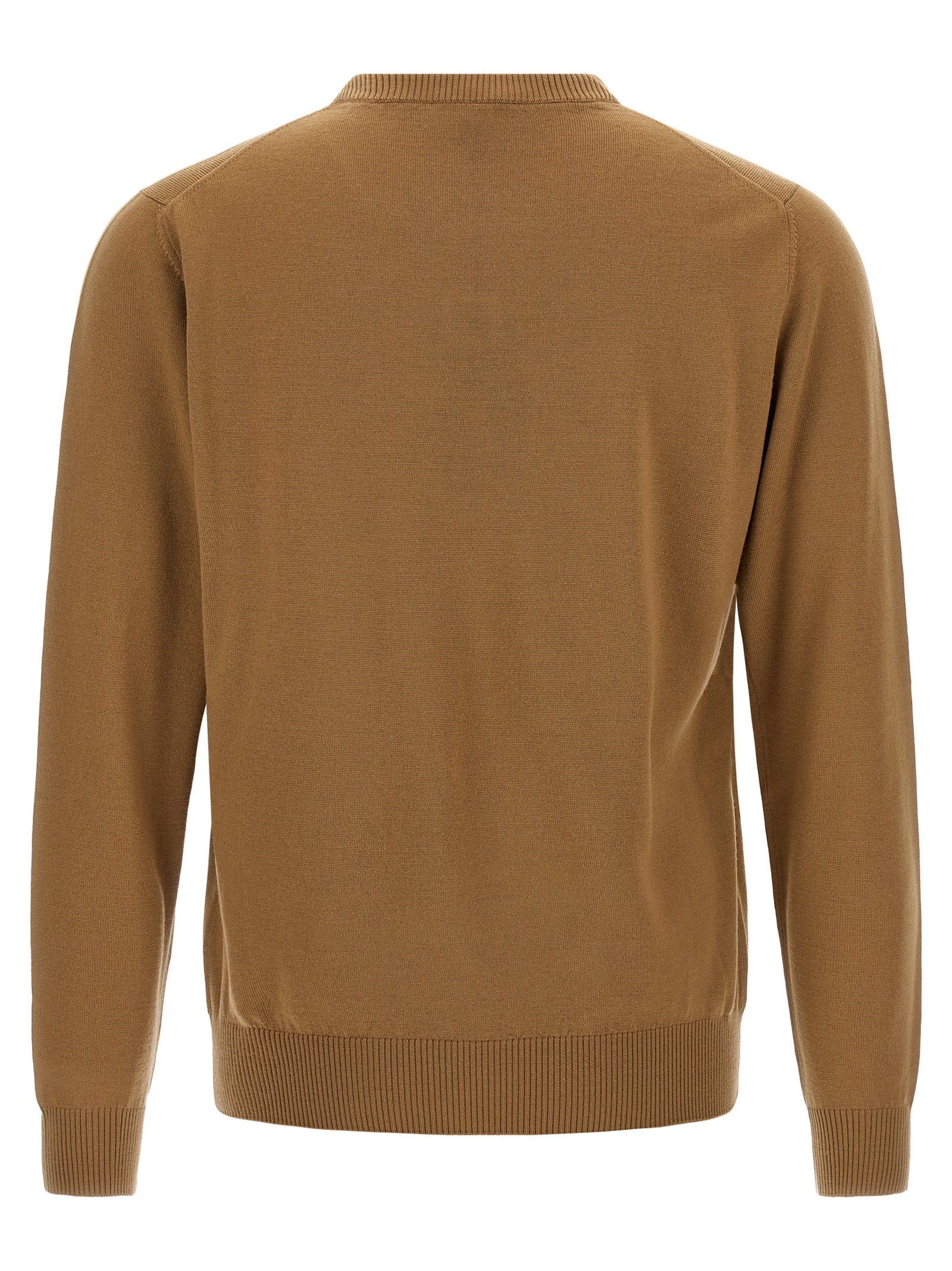 Cardigan beige en laine vierge de Fendi, style élégant avec boutons, porté dans une image montrant ses détails et texture.