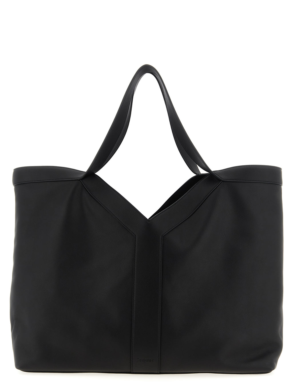 Sac à main Saint Laurent en cuir de veau noir, grand modèle avec poignées et design élégant.