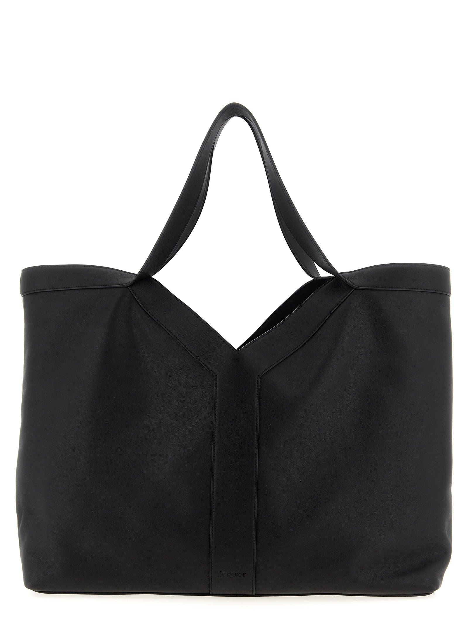 Sac à main Saint Laurent en cuir de veau noir, grand modèle avec poignées et design élégant.