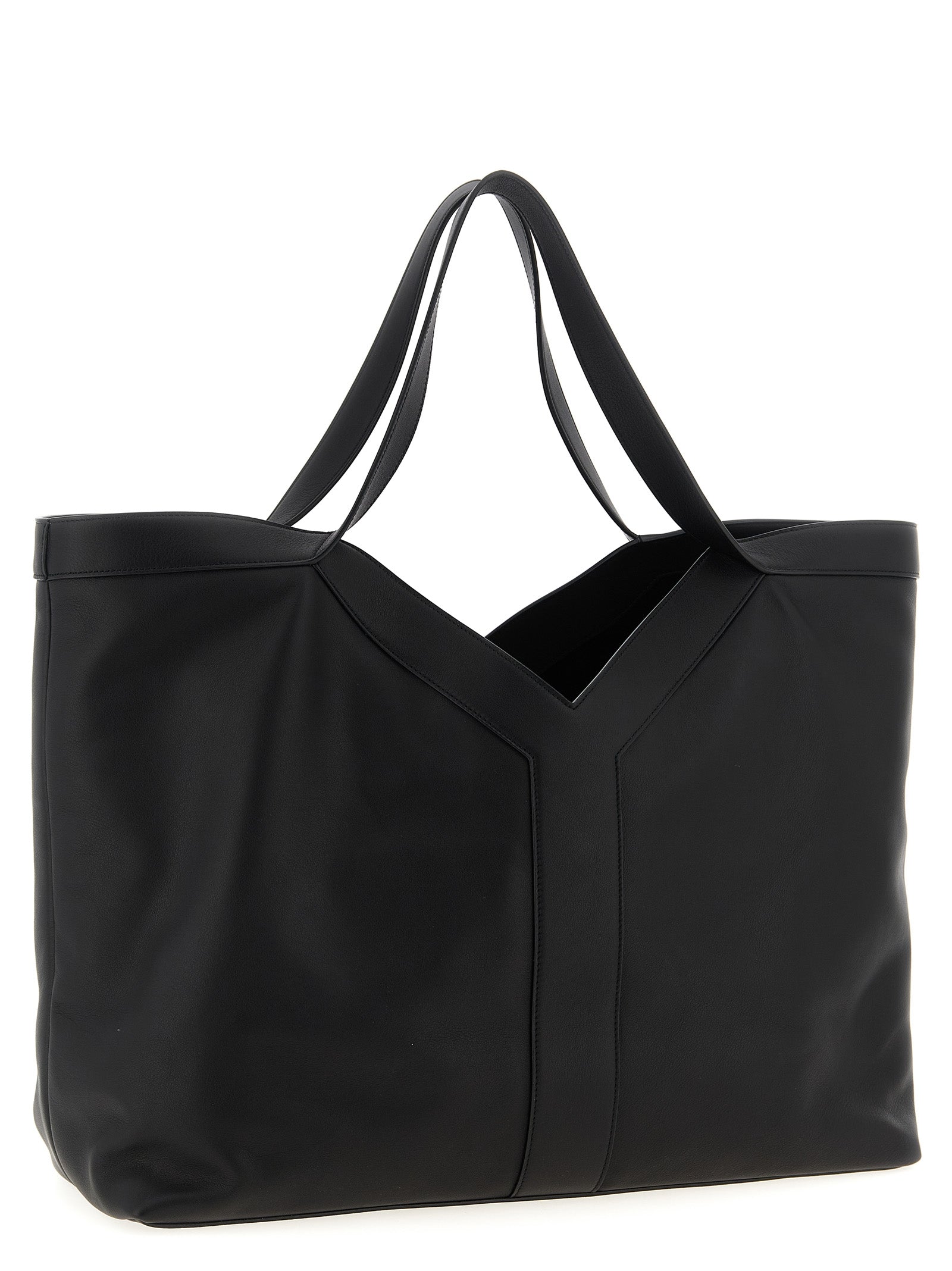 Sac cabas en cuir de veau noir Saint Laurent, élégant et sophistiqué, avec poignées et détails en métal.