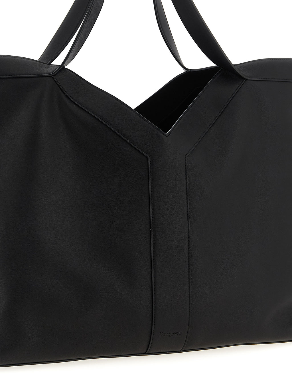 Sac à main Saint Laurent en cuir de veau noir, sac cabas élégant avec poignées et détails sophistiqués.