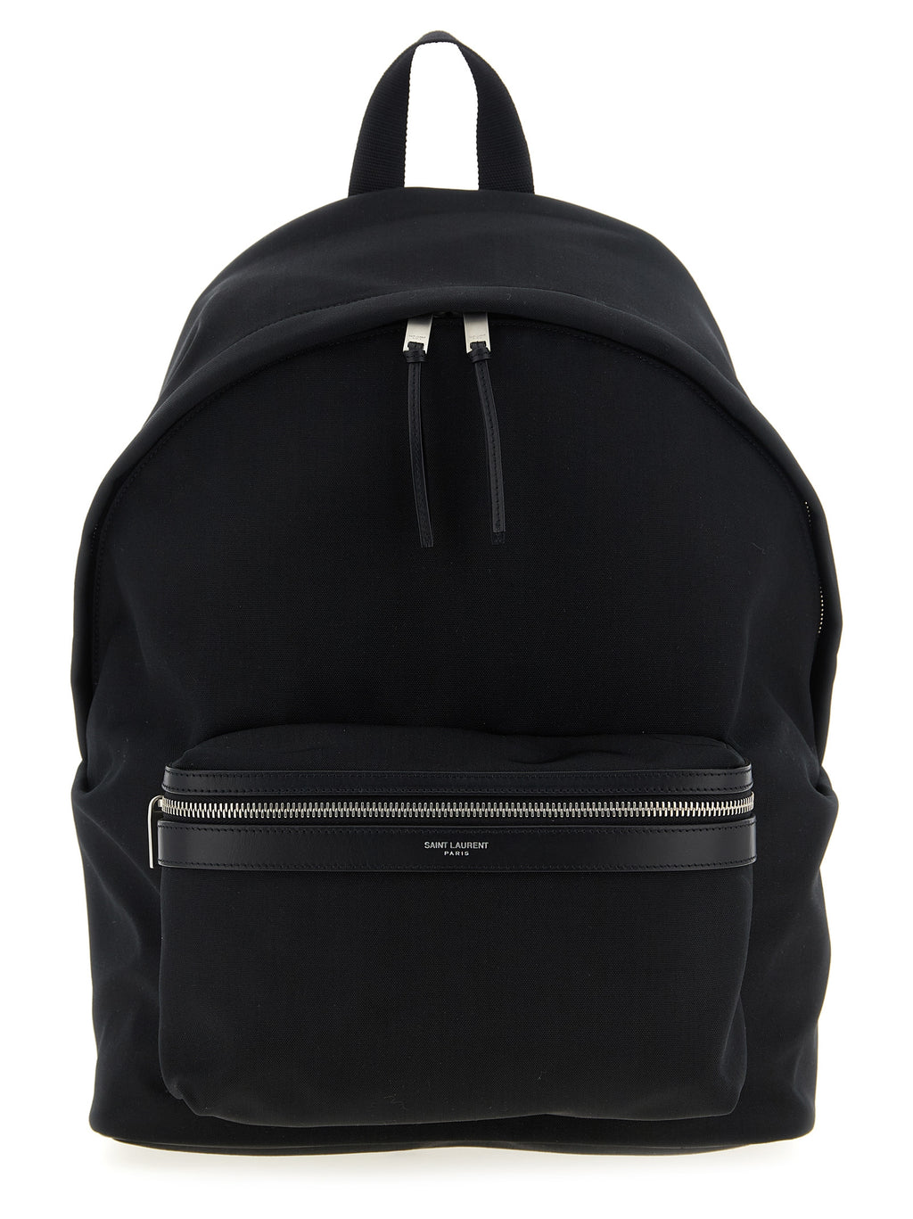 Sac à dos noir en polyamide Saint Laurent avec détails élégants et poignées en cuir, vue de face.