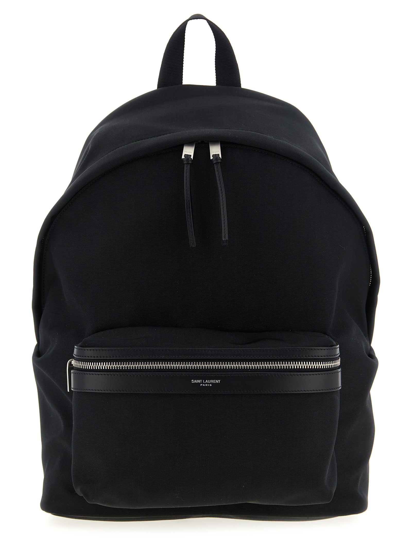 Sac à dos noir en polyamide Saint Laurent avec détails élégants et poignées en cuir, vue de face.
