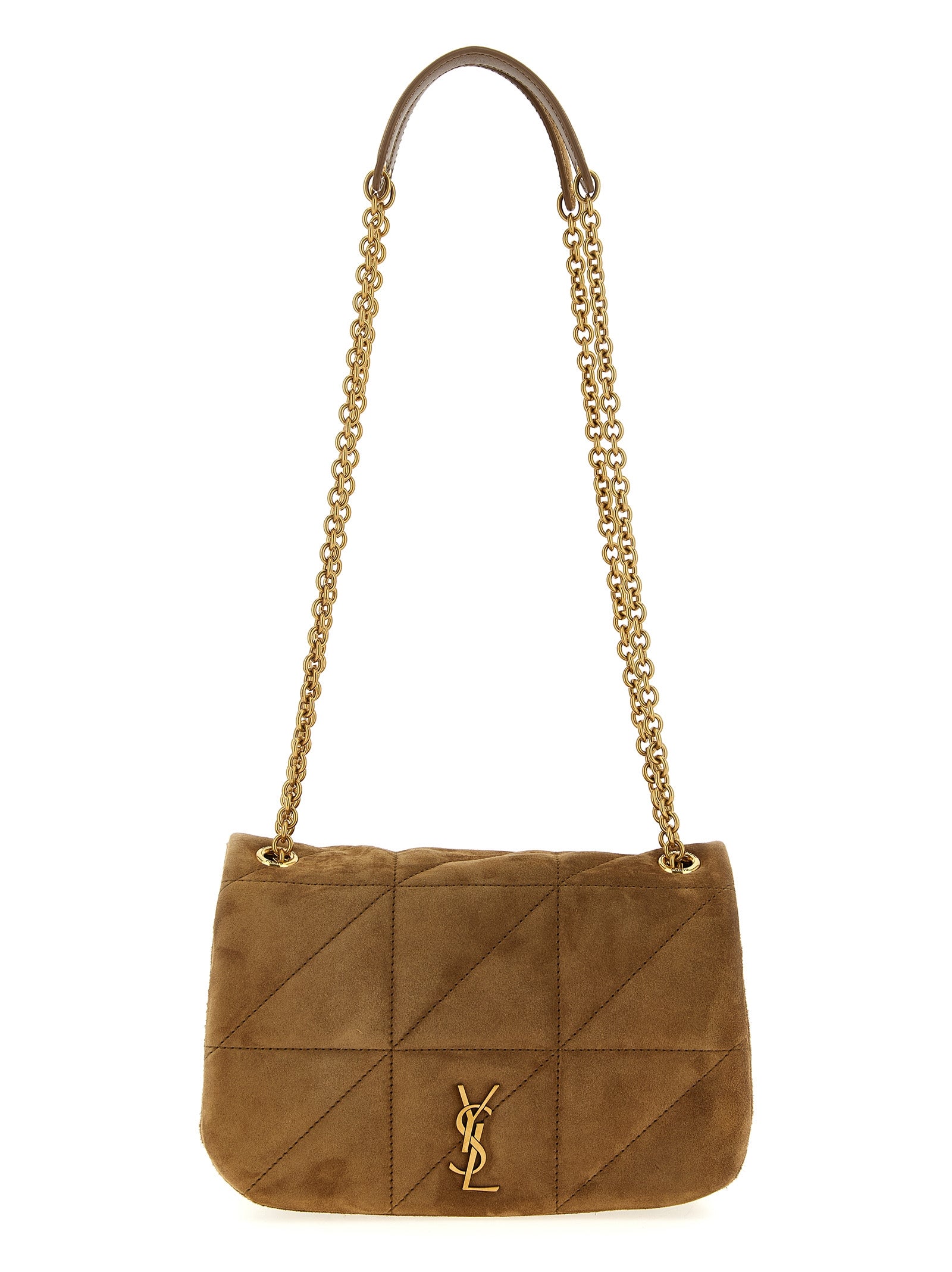 Sac à bandoulière en veau beige de Saint Laurent, élégant et sophistiqué, avec détails raffinés visibles sur l'image.