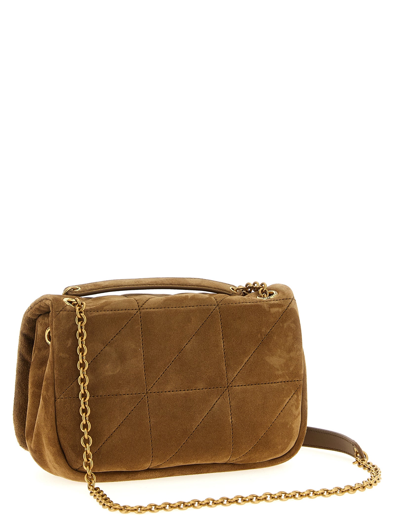 Sac à bandoulière en cuir de veau beige de Saint Laurent, élégant et sophistiqué, avec détails de finition raffinés.