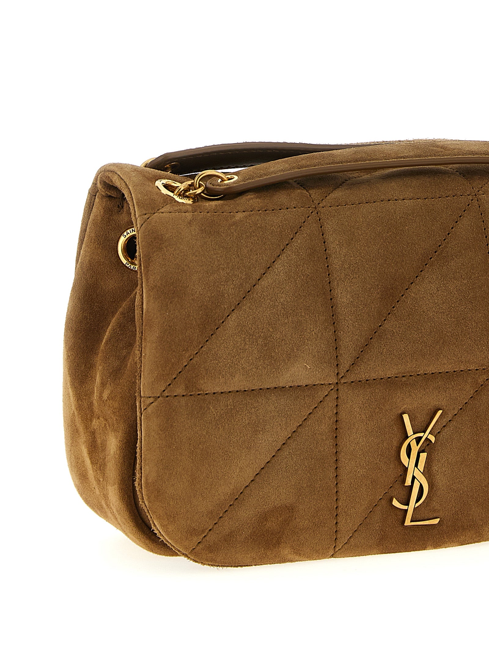 Sac à épaule en veau beige Saint Laurent, style élégant avec détails sophistiqués et logo discret visible sur le sac.