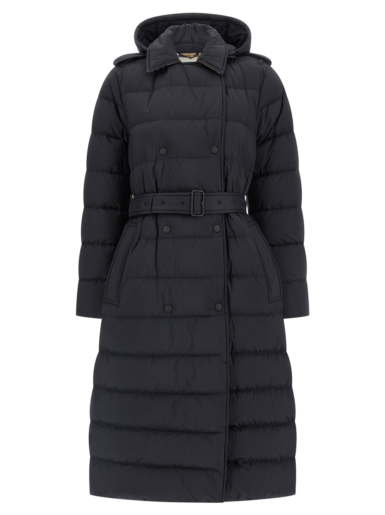 Manteau noir en polyamide de la marque Burberry, coupe élégante avec détails sophistiqués, porté sur un mannequin.