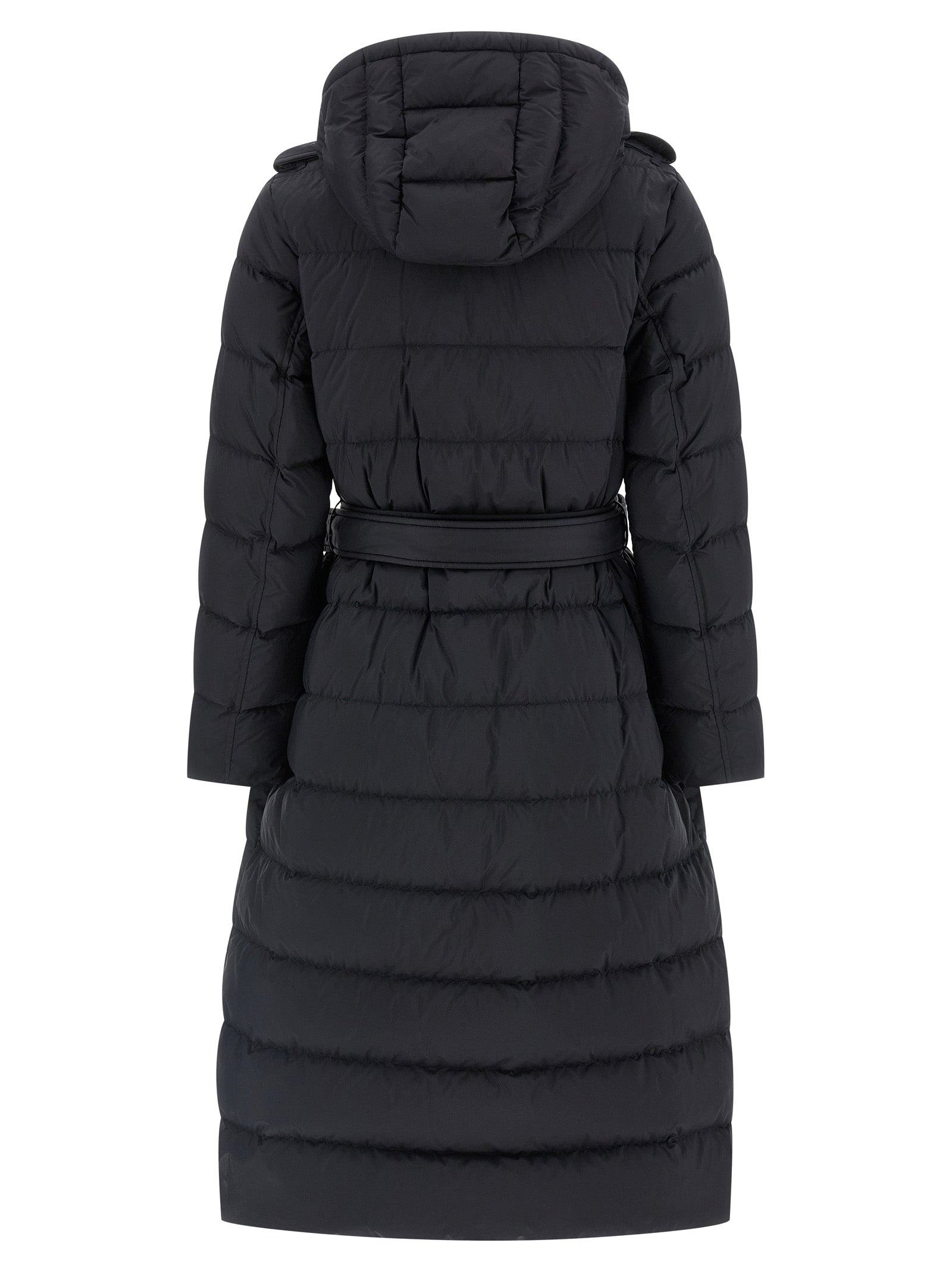 Manteau noir en polyamide de la marque Burberry, coupe élégante et imperméable, visible en détail dans l'image.