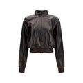Veste bomber Gucci en agneau marron, finition élégante et détails sophistiqués, vue en gros plan.