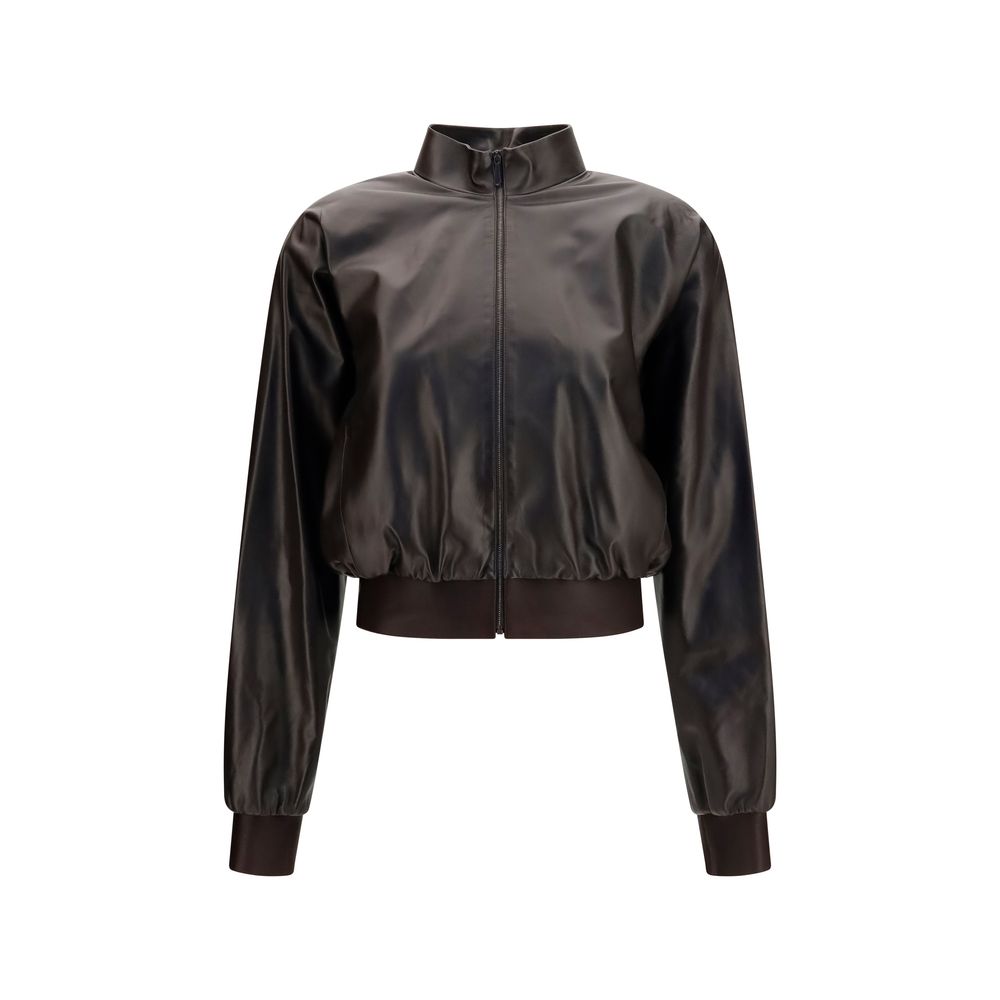 Veste bomber Gucci en agneau marron, finition élégante et détails sophistiqués, vue en gros plan.