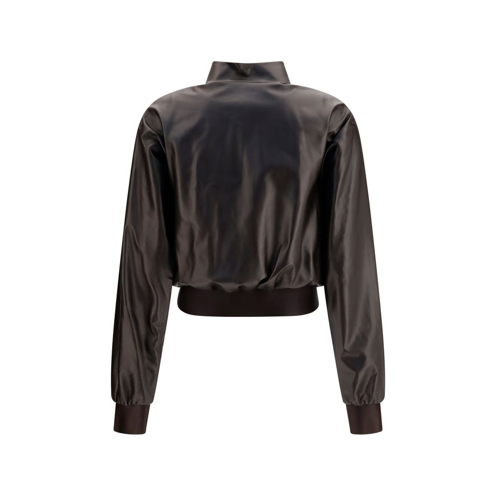 Veste bomber en agneau brun Gucci avec logo Gucci, finition élégante et style sophistiqué, vue de face.