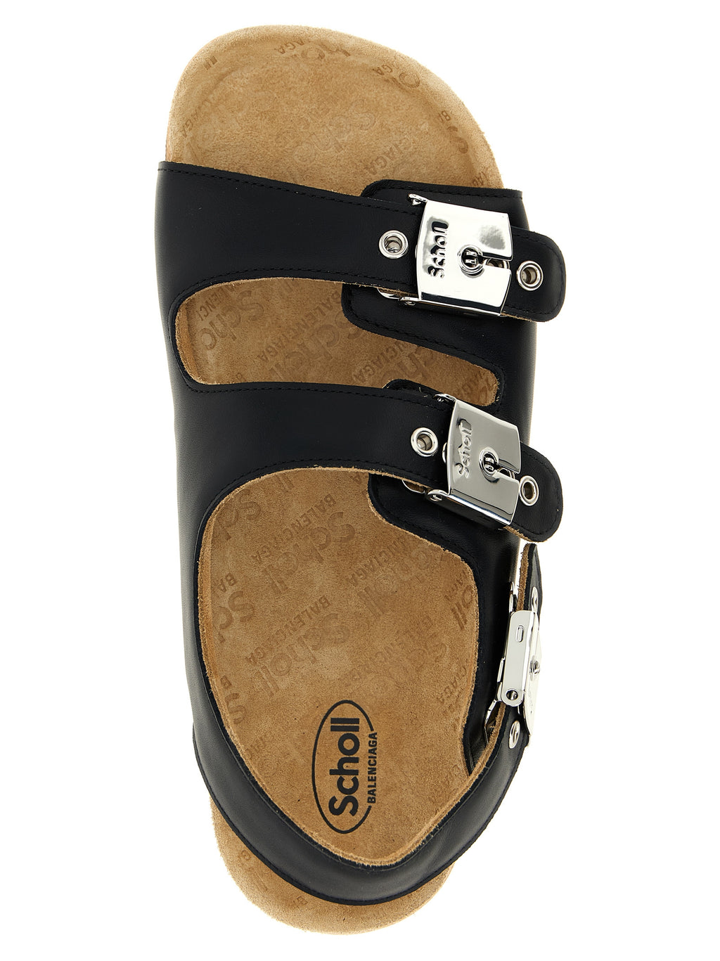 Sandales plates en cuir de veau noir Balenciaga, style élégant et moderne, avec semelle plate et design minimaliste.