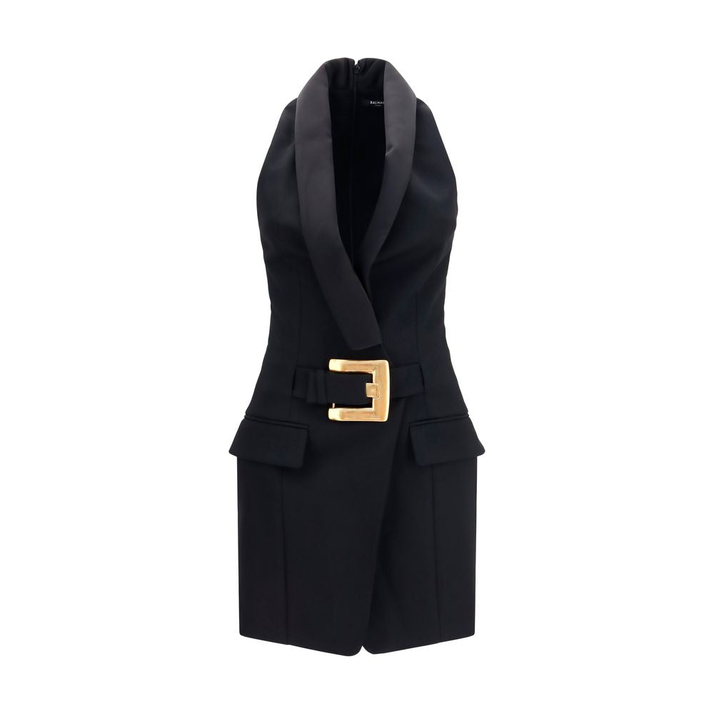 Robe décontractée en laine noire Balmain Oves Aries, coupe élégante et tissu chaud, portée décontractée pour un style chic.