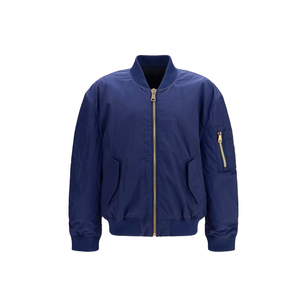 Veste bomber en polyamide bleue de Balmain, avec détails modernes et coupe élégante, vue de face.