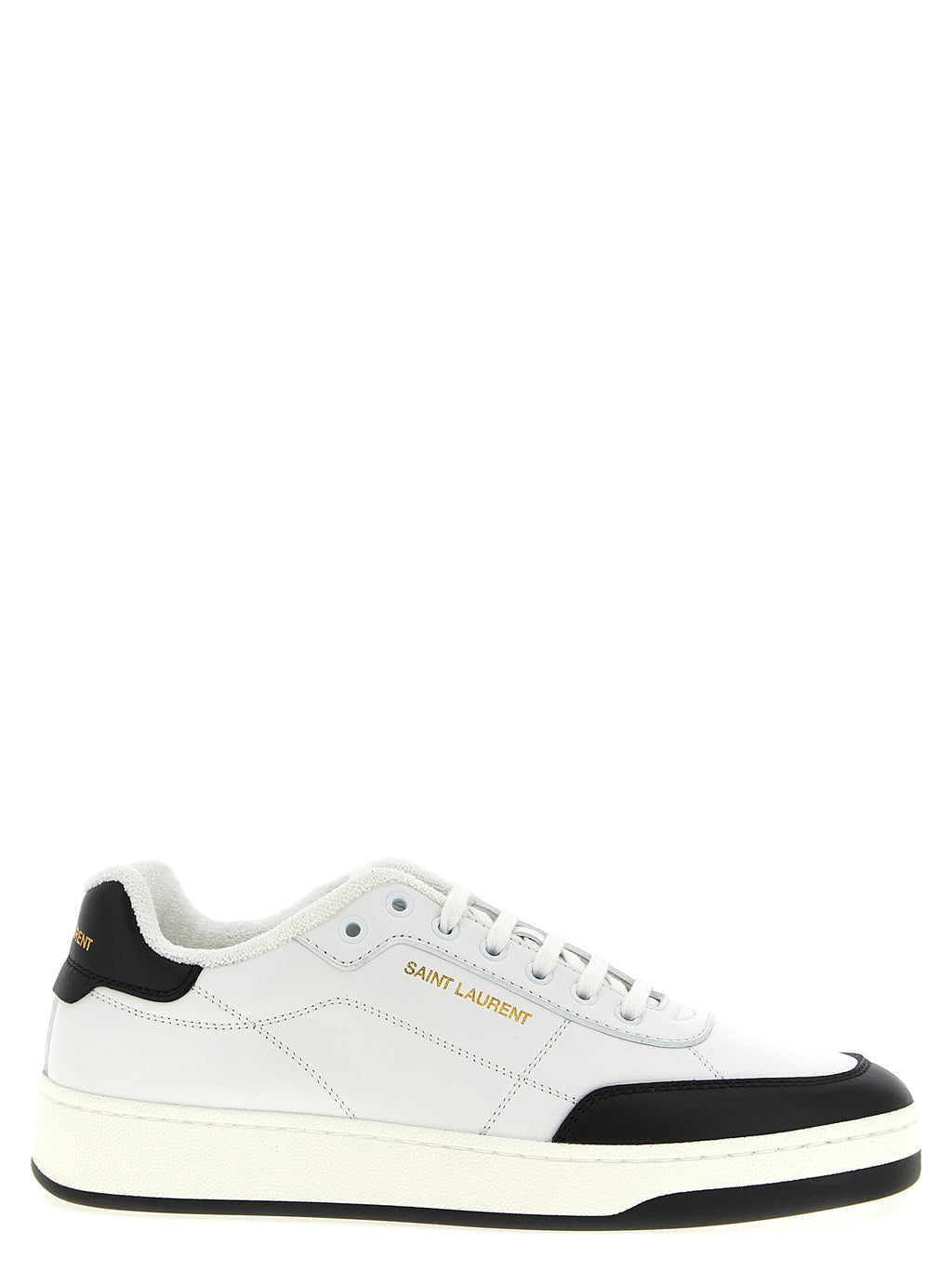 Chaussures sneakers basses en cuir de veau bicolore de la marque Saint Laurent, vue de face avec détails en cuir noir et blanc.