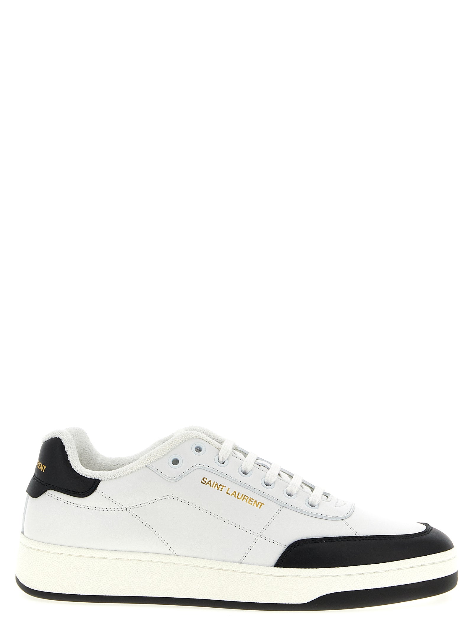 Chaussures sneakers basses en cuir de veau bicolore de la marque Saint Laurent, vue de face avec détails en cuir noir et blanc.