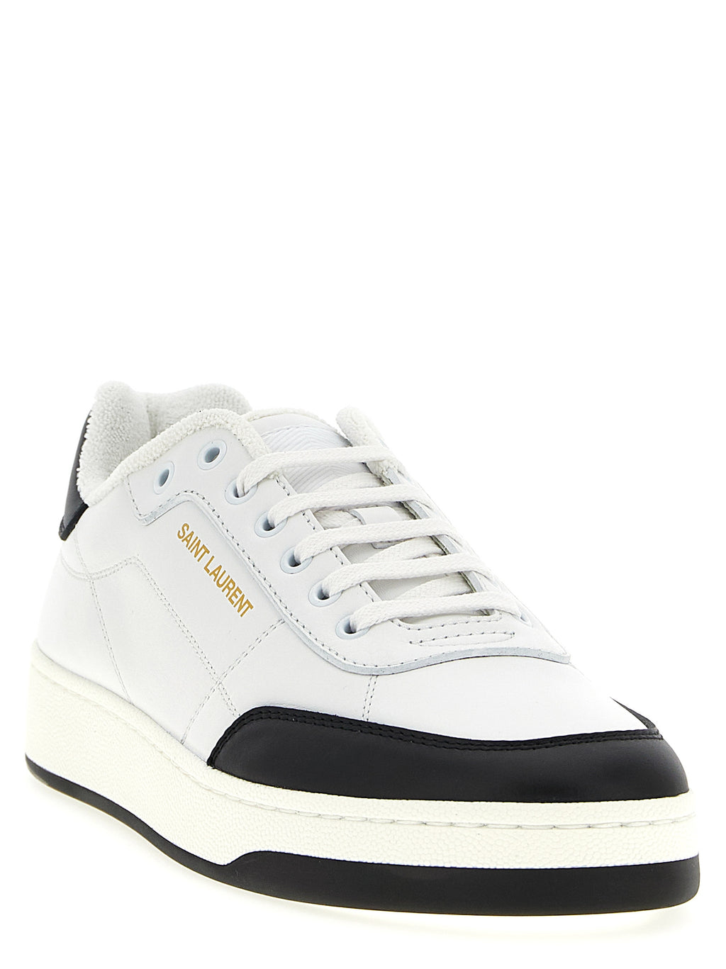 Sneakers basses Saint Laurent en cuir bicolore avec semelle blanche, style élégant et moderne pour homme.