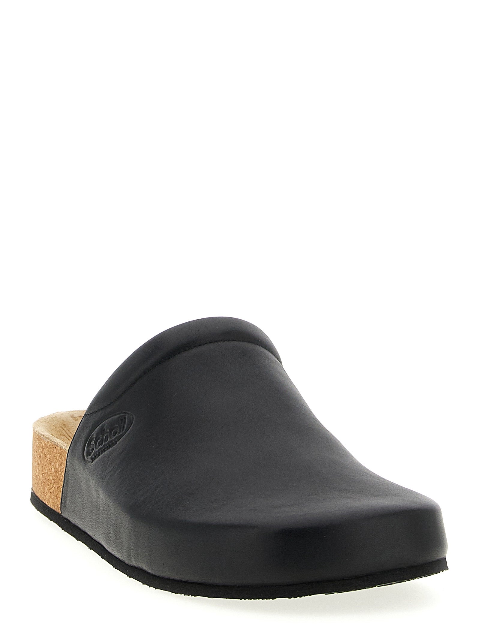 Chaussures Balenciaga en cuir de veau noir, mules ou sabots élégants avec semelle épaisse et design moderne.