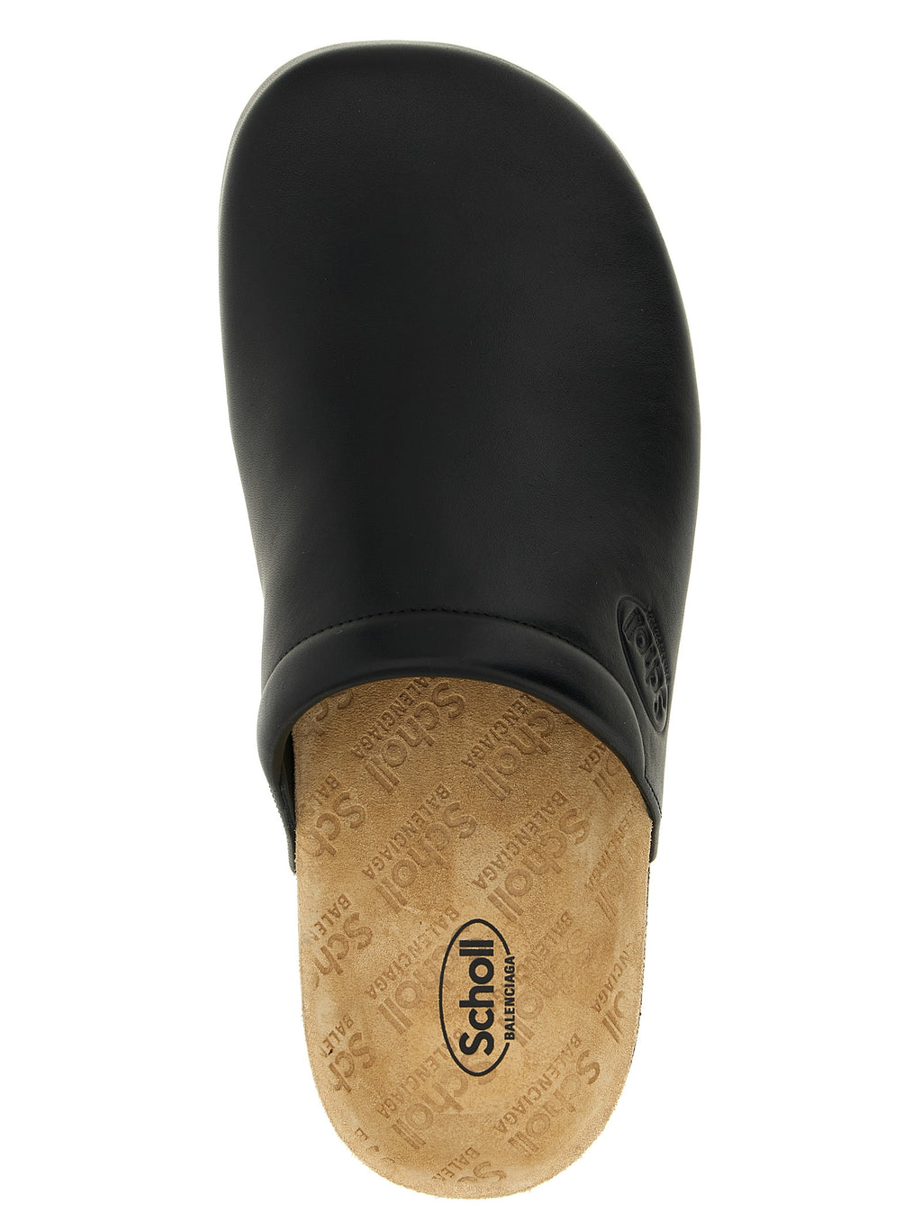 Clog en cuir de veau noir de Balenciaga, avec semelle épaisse et design moderne, vue de face.