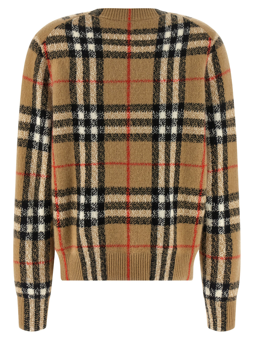 Cardigan en cachemire beige Burberry porté sur un mannequin, détails élégants et texture douce visible.
