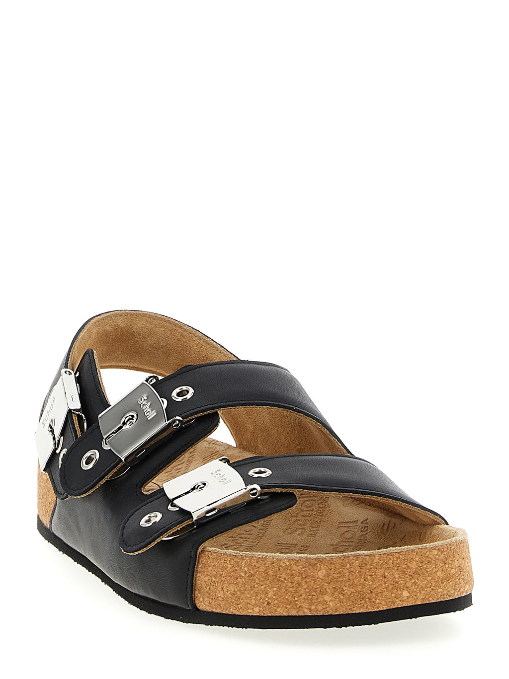 Sandales plates en cuir de veau noir Balenciaga, élégantes et modernes, visibles avec leur design épuré et leur finition de qualité.