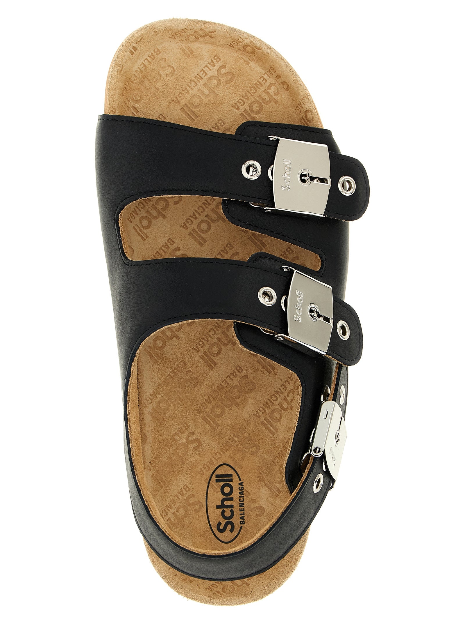 Sandales plates en cuir de veau noir de Balenciaga, élégantes et confortables, vues de face.