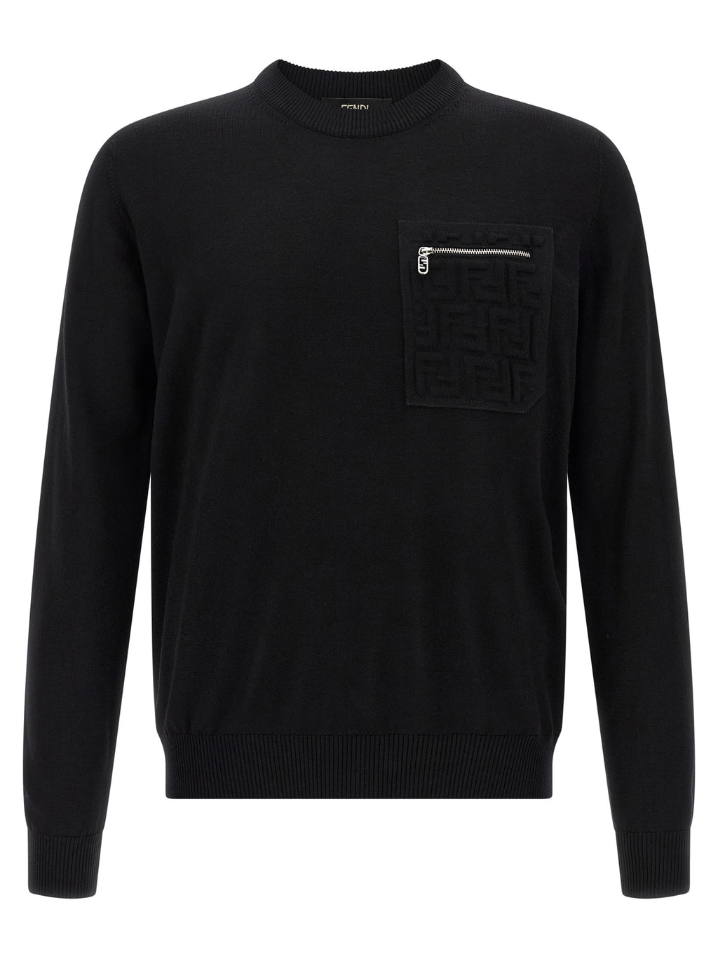 Cardigan noir en laine vierge de marque Fendi, coupe classique avec boutons, porté sur un mannequin.