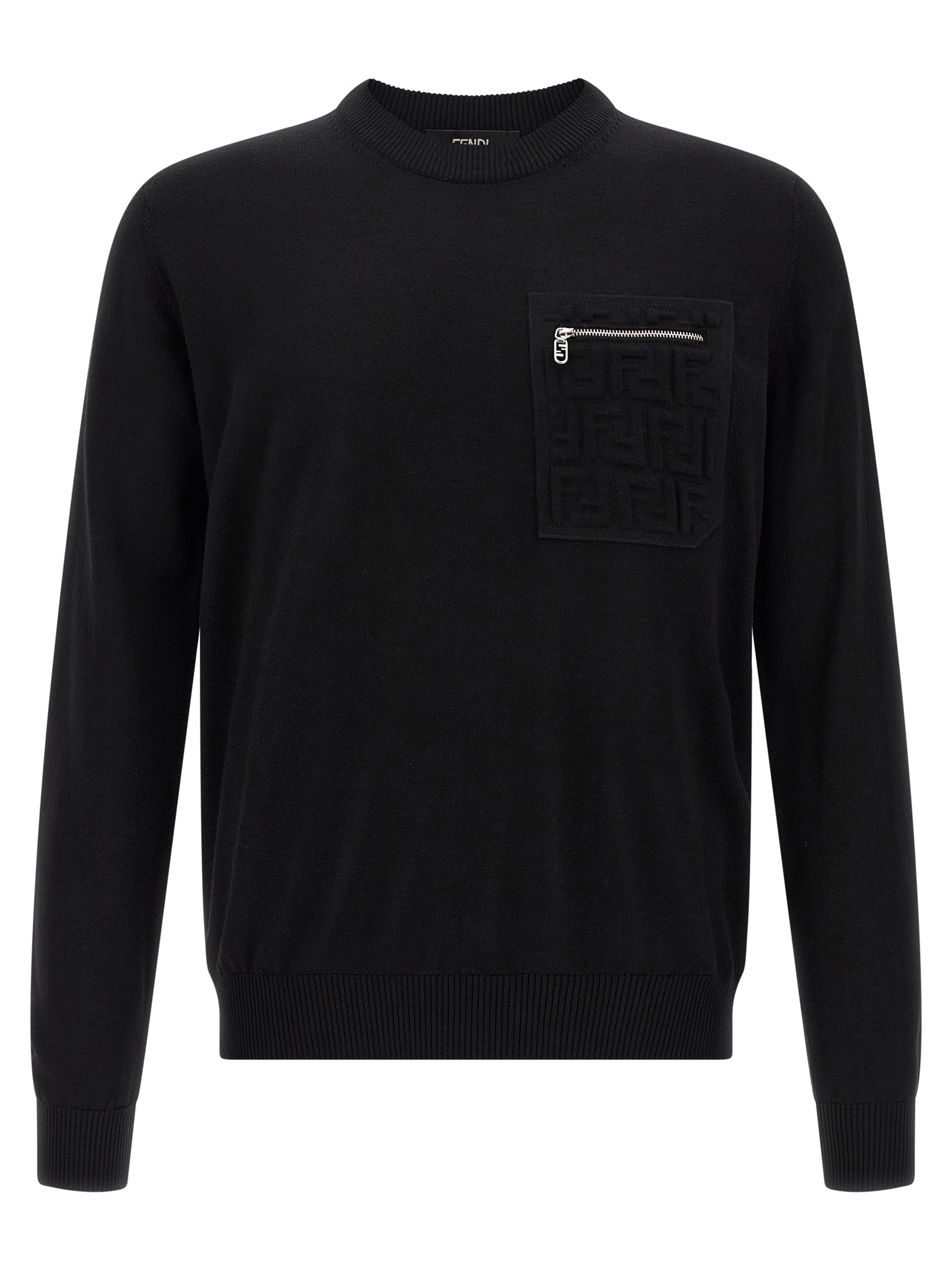 Cardigan noir en laine vierge de marque Fendi, coupe classique avec boutons, porté sur un mannequin.