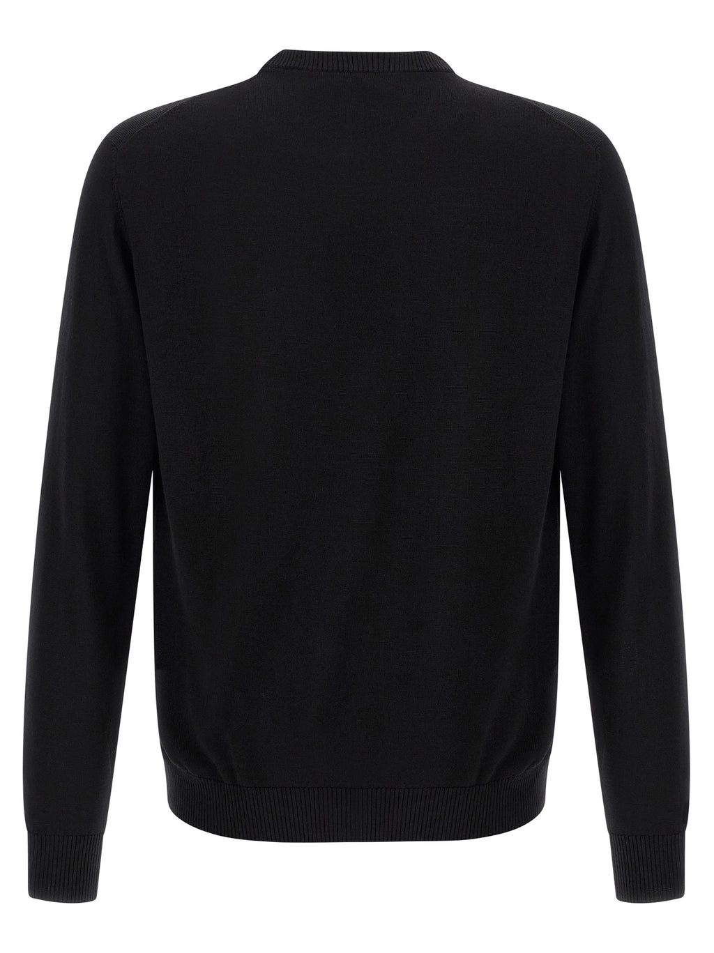 Cardigan noir en laine vierge Fendi, coupe classique, porté sur un mannequin, détails de finition élégants.