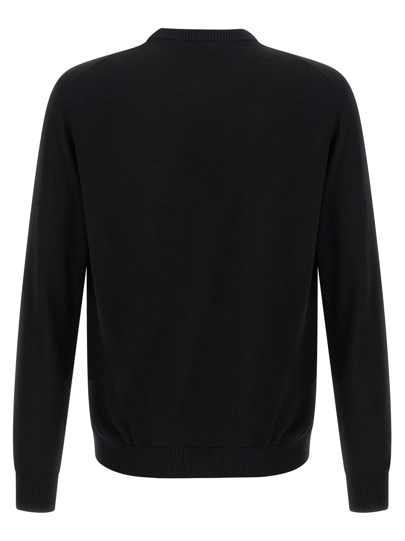 Cardigan noir en laine vierge Fendi, coupe classique, porté sur un mannequin, détails de finition élégants.