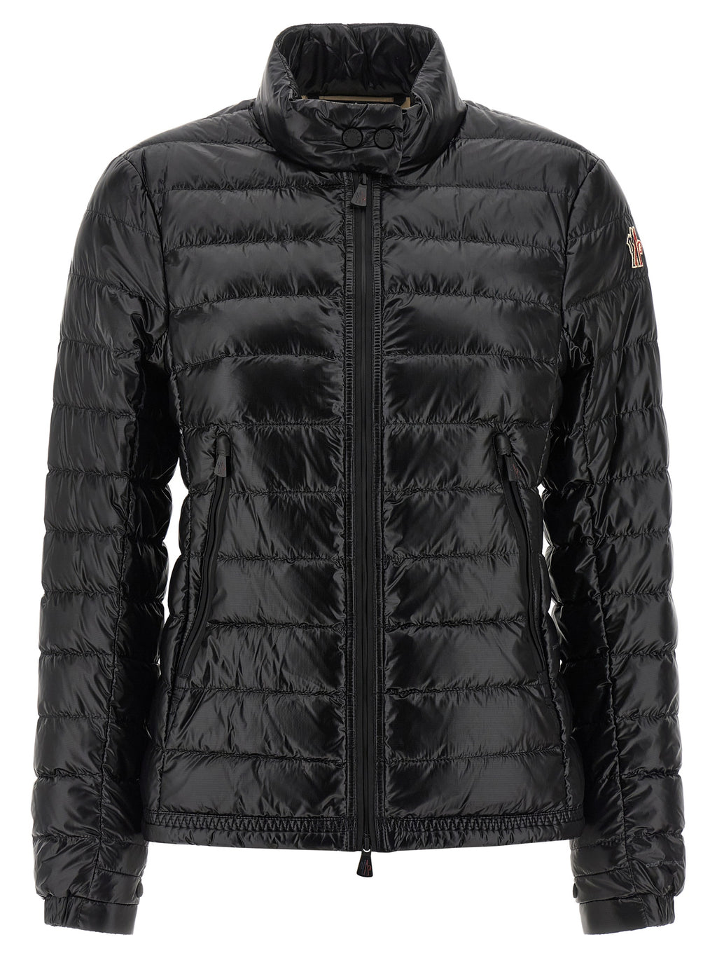 Veste longue Moncler Grenoble en polyamide noire, coupe ajustée, avec capuche et fermetures zippées.