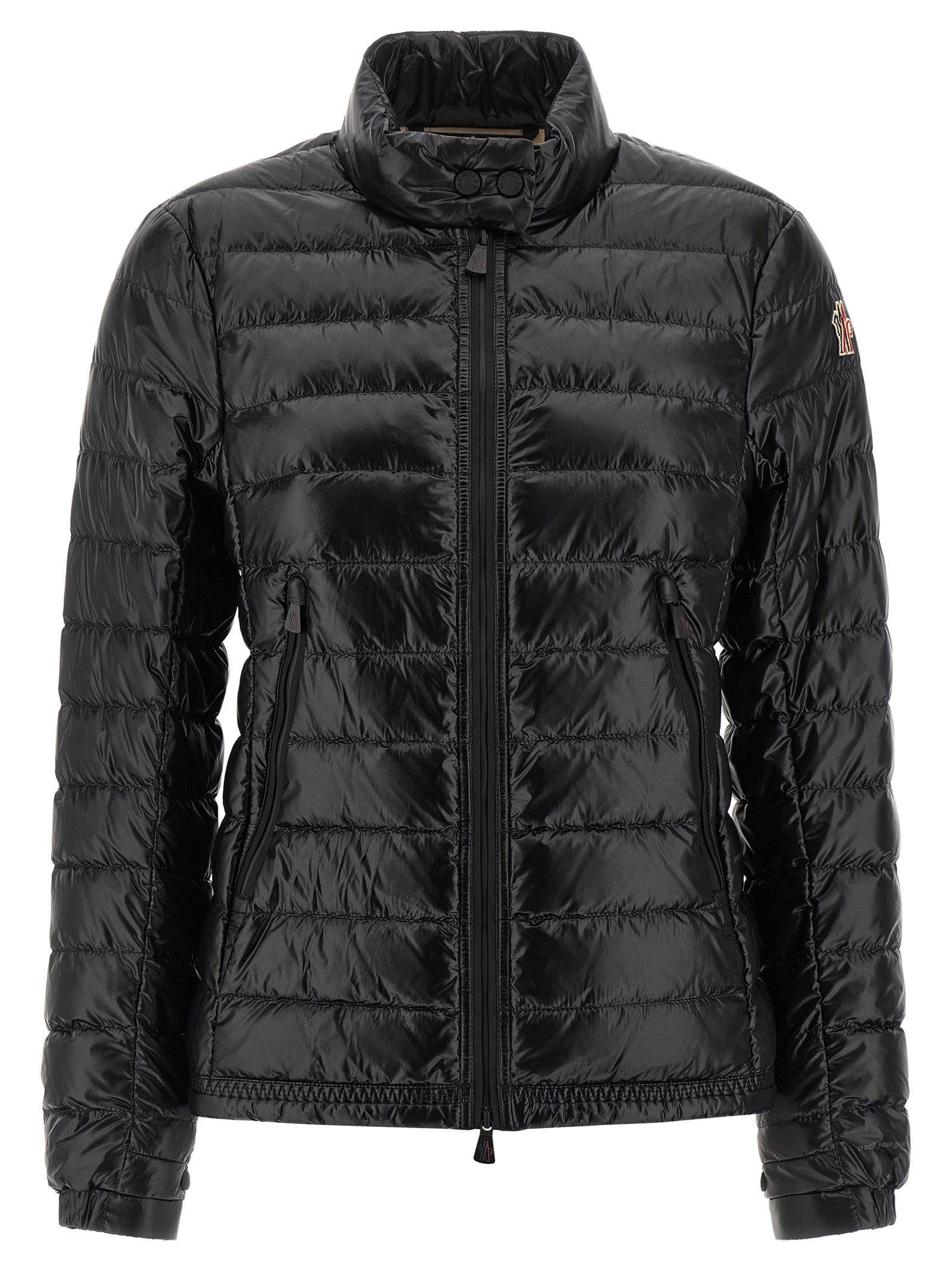Veste longue Moncler Grenoble en polyamide noire, coupe ajustée, avec capuche et fermetures zippées.