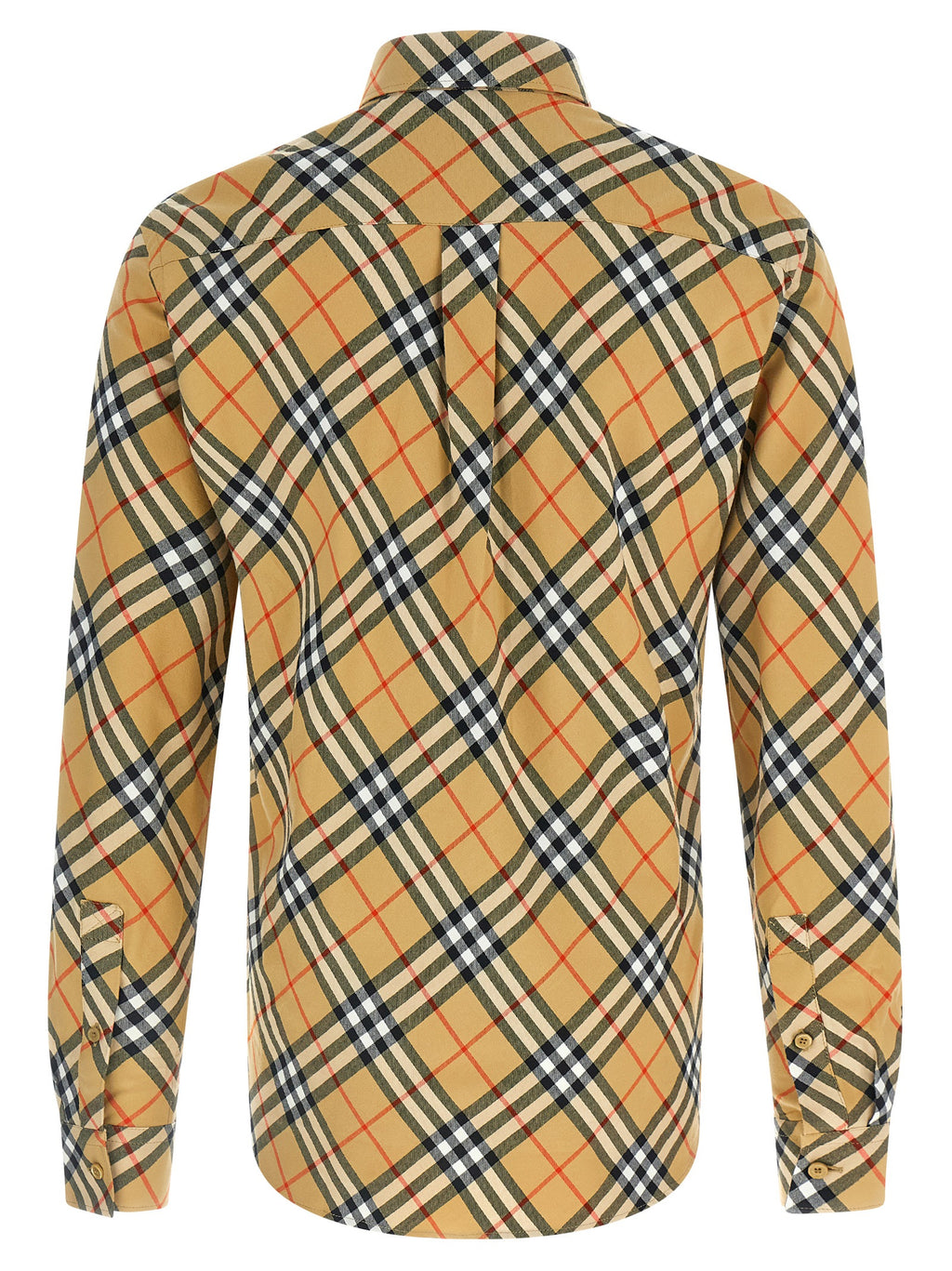 Chemisier beige en coton de la marque Burberry, avec col classique et manches longues, porté sur un mannequin.