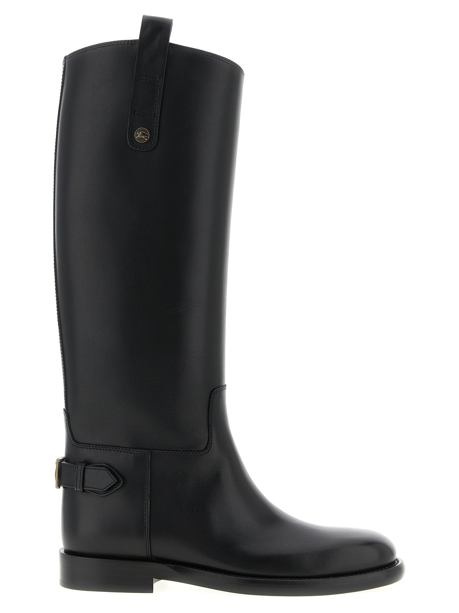 Chaussures noires en cuir de veau haut de gamme de Burberry, cuissardes élégantes et sophistiquées.