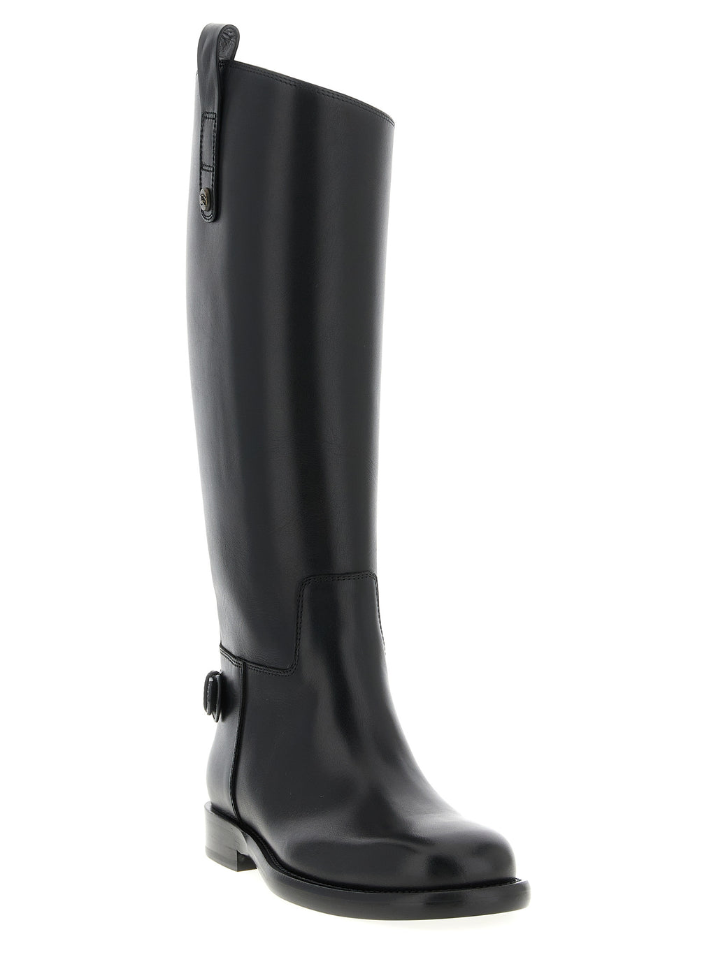 Bottes en cuir noir Burberry, cuissardes en daim noir élégantes, hauteur au-dessus du genou, style chic et sophistiqué.