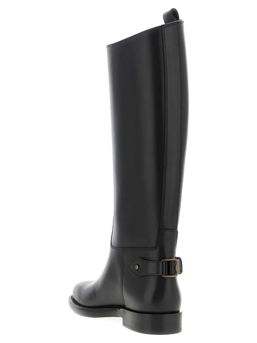 Bottes en cuir de veau noir Burberry, cuissardes élégantes, avec détails sophistiqués visibles sur l’image.
