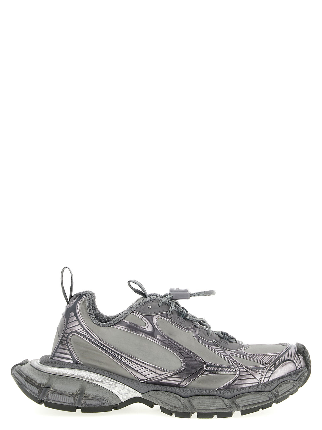 Chaussures de sport grises Balenciaga en polyester avec semelle blanche et design moderne, vues de face.